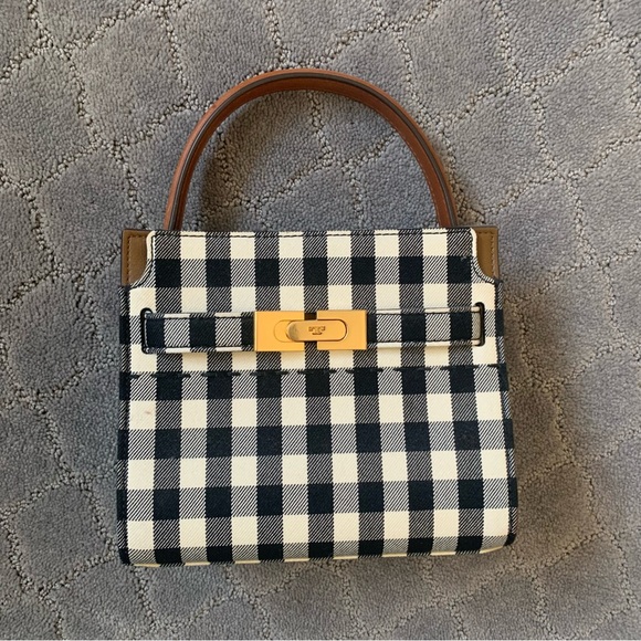 Tory Burch Handbags - Tory Burch Black & White Gingham Top-Handle Satchel with Brown Trim